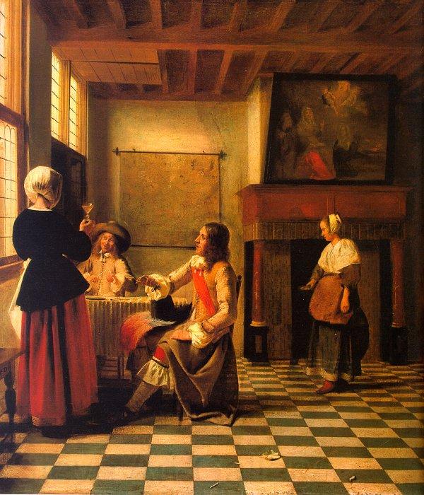 Pieter de Hooch Woman Drinking with Two Men and a Maidservant